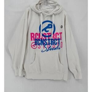 RCNSTRCT Studio Mens White Graphic Logo Pullover Hoodie Sweatshirt Sz XL